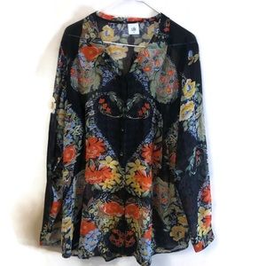 Cabi Womens Amour Semi Sheer Button Blouse Top  Floral Navy Blue Orange Sz XL